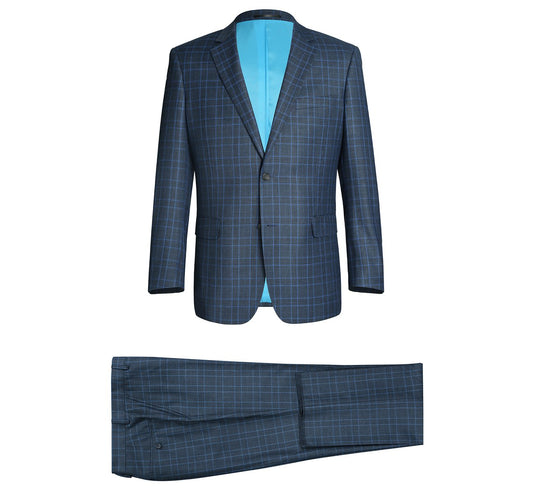 The Alessandro Vitello by Renoir Blue Two Piece Classic Fit Windowpane Check Dress Suit 293-6 presents a classic fit with both jacket and pants, adorned with a light blue inner lining, all made from premium fabric and stylishly featured against a white backdrop.