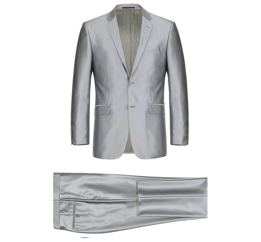 Enhance your wardrobe with the Alessandro Vitello by Renoir Sharkskin Slim Fit Italian Styled Two Piece Suit 207-2. This sleek silver suit is perfect for both office and party wear, featuring a single-breasted jacket with notch lapels, seamlessly paired with matching pants for a sophisticated look.