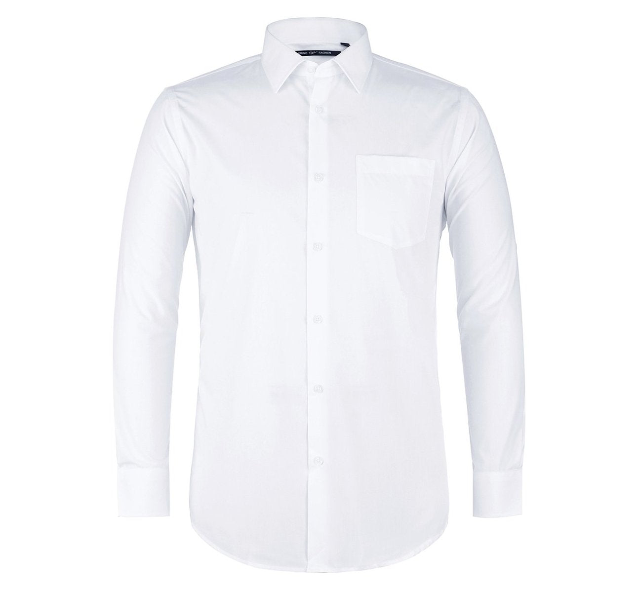 Folded dress shirt in white showcasing a regular classic fit complemented by long sleeves and a refined spread collar. A circular inset fabric detail enhances its elegance. The label states "Renoir.