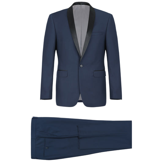 The Alessandro Vitello by Renoir 2-Piece Slim Fit Shawl Lapel Tuxedo Suit 201-19 showcases a sophisticated navy blue slim fit design with sleek black shawl lapels, encompassing a single-breasted jacket and matching trousers, all elegantly presented against a pristine white background.