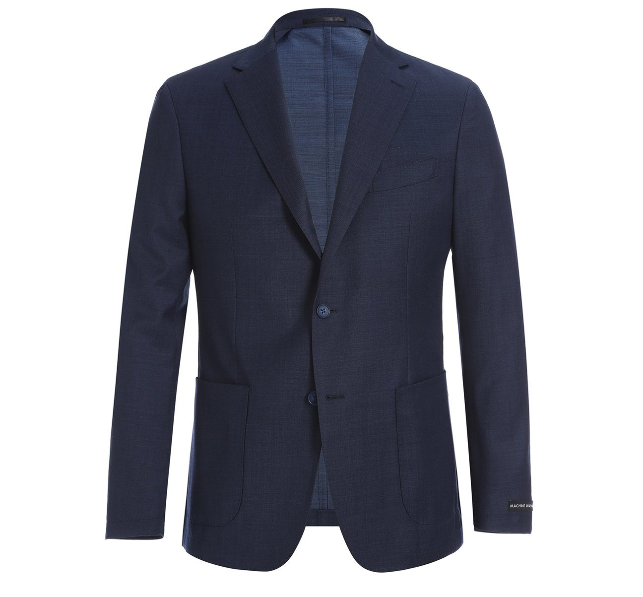 The Pellagio Navy Slim Fit Travel Suit, featuring a suit jacket and matching trousers with anti-microbial properties, nature stretch, and wrinkle resistance, showcased on a white background.