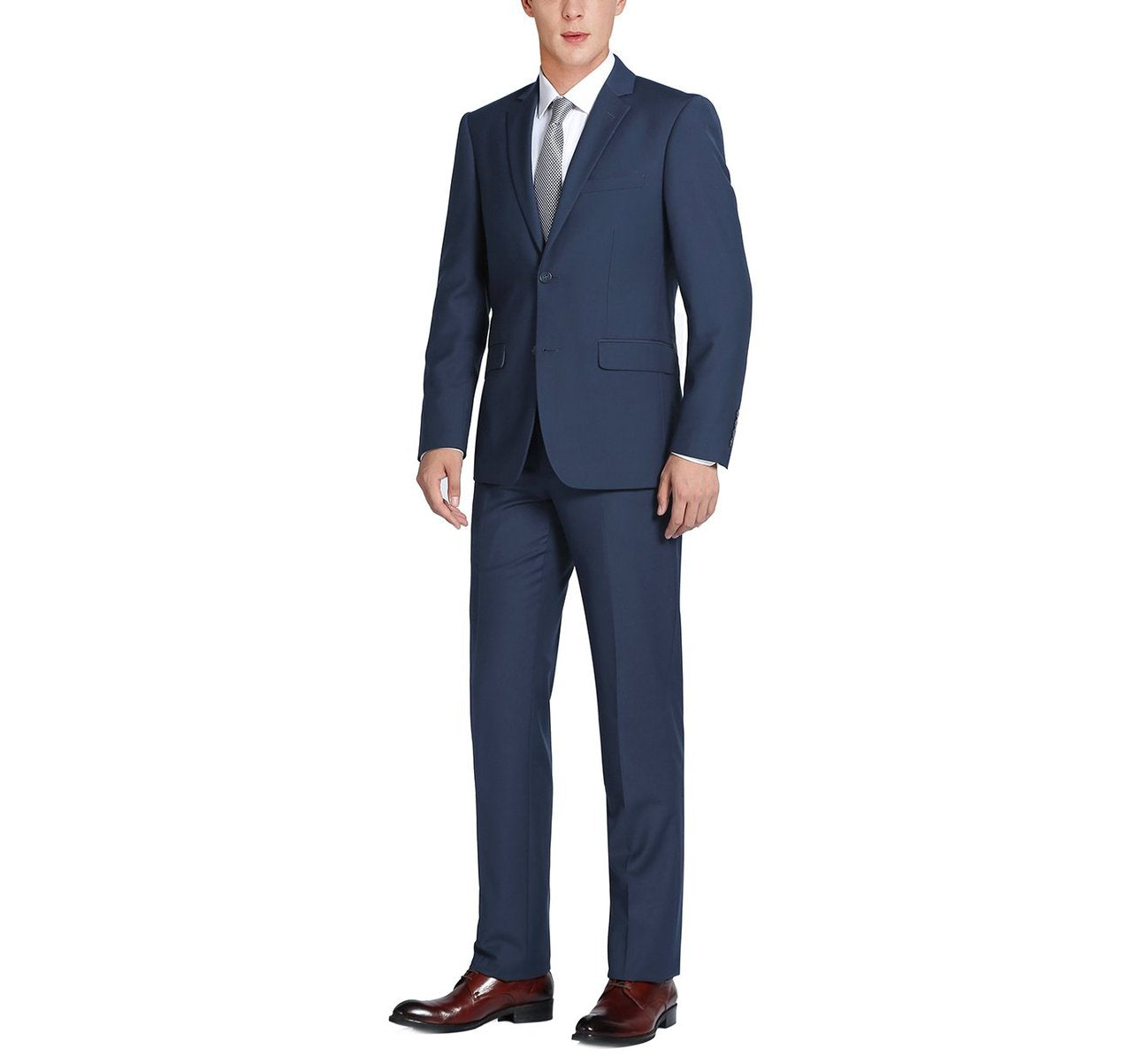 The Alessandro Vitello by Renoir Navy Blue 2-Piece Slim Fit Single Breasted Notch Lapel Suit 201-19 is a men's suit featuring a tailored jacket and matching trousers, presented on a white background.