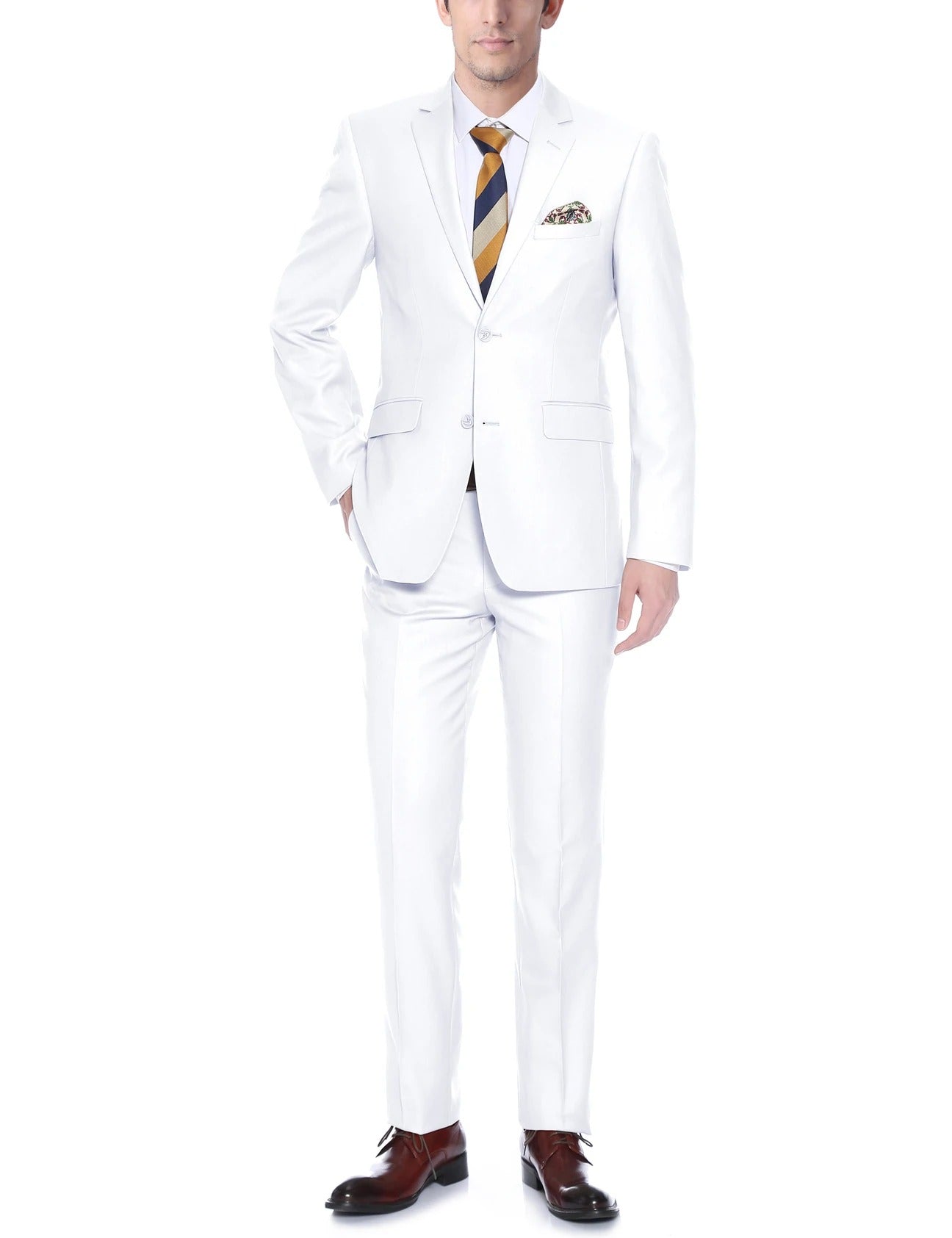 The RENOIR White 2-Piece Classic Fit Single Breasted Notch Lapel Suit 201-6 by Renoir, featuring a jacket and trousers, is showcased against a plain background, offering lightweight comfort with its classic fit.