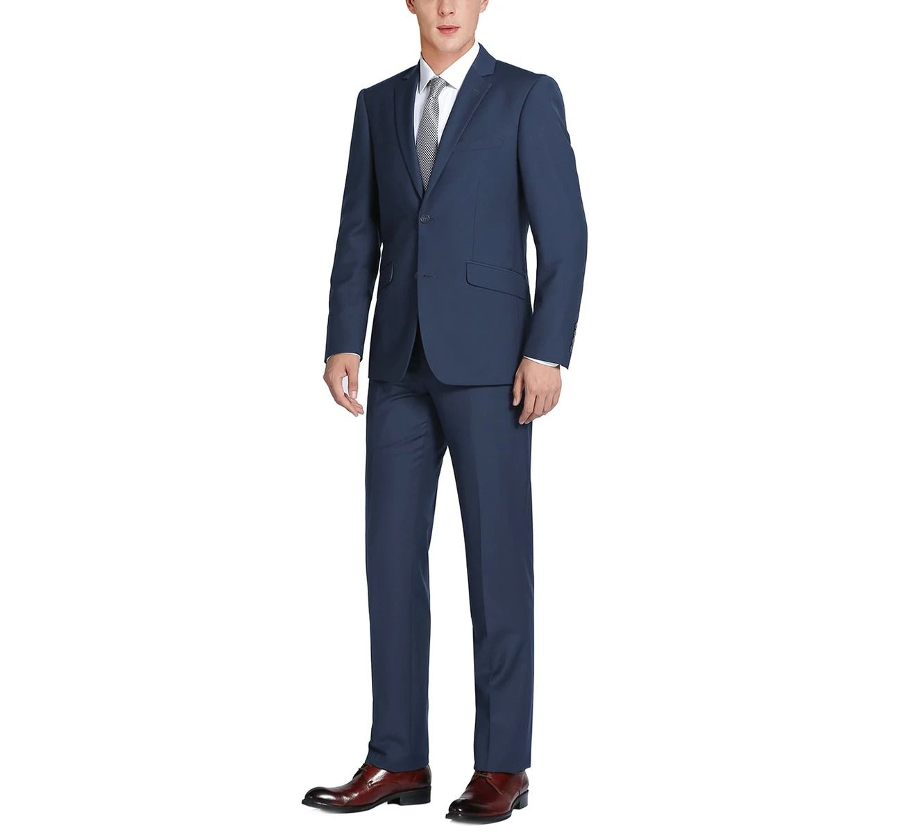 The Alessandro Vitello by Renoir Navy Blue 2-Piece Slim Fit Single Breasted Notch Lapel Suit 201-19 is a men's suit featuring a tailored jacket and matching trousers, presented on a white background.