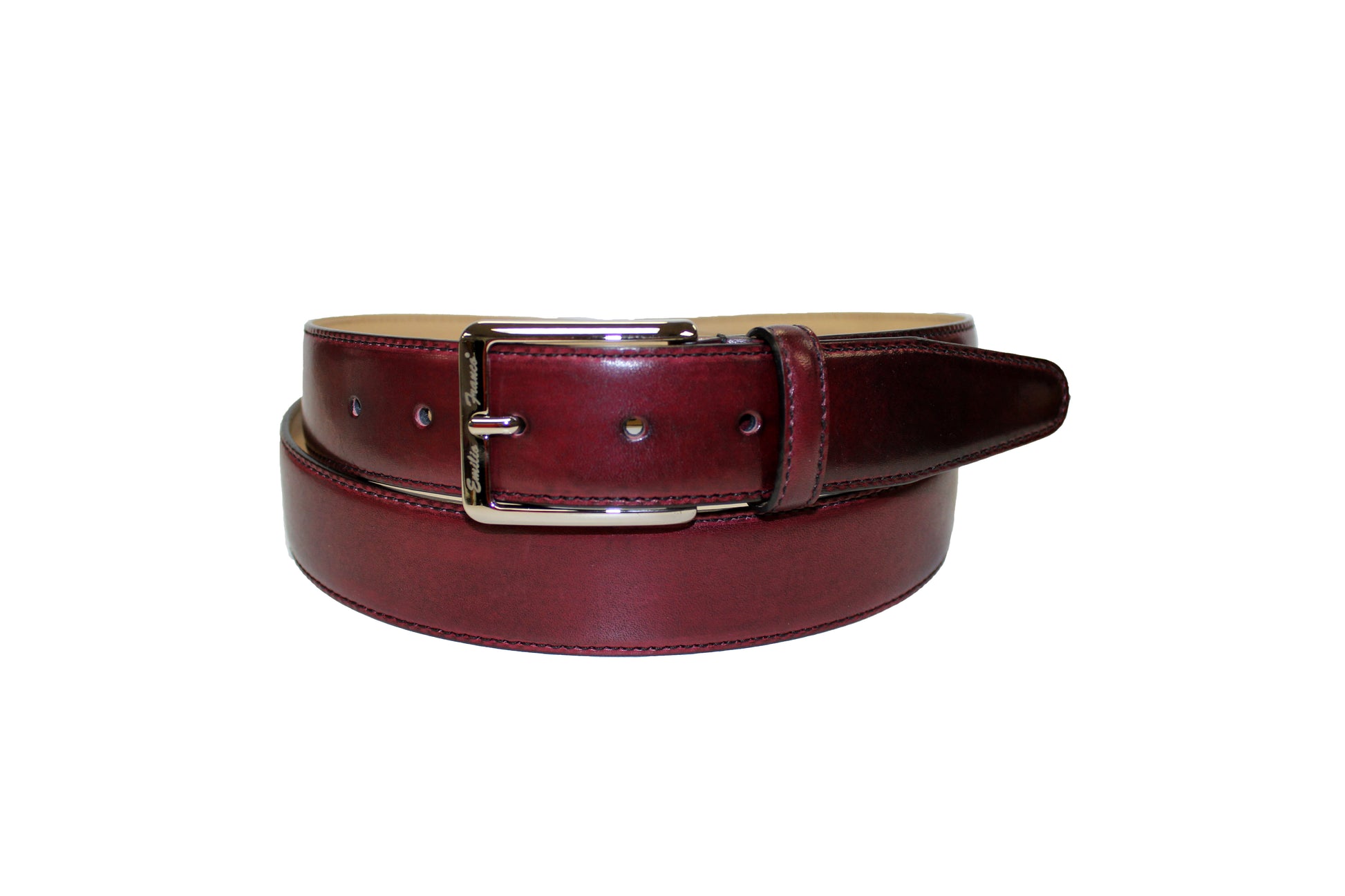 An Emilio Franco Calf Belt, featuring a shiny brown leather design with a silver buckle, stylishly coiled in a circle.