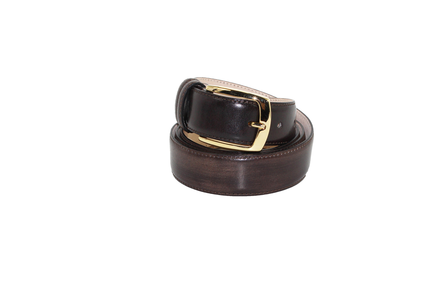 An Emilio Franco Calf Belt, featuring a shiny brown leather design with a silver buckle, stylishly coiled in a circle.