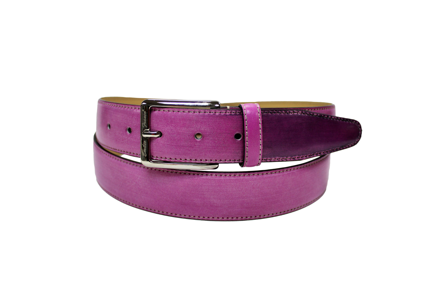 An Emilio Franco Calf Belt, featuring a shiny brown leather design with a silver buckle, stylishly coiled in a circle.