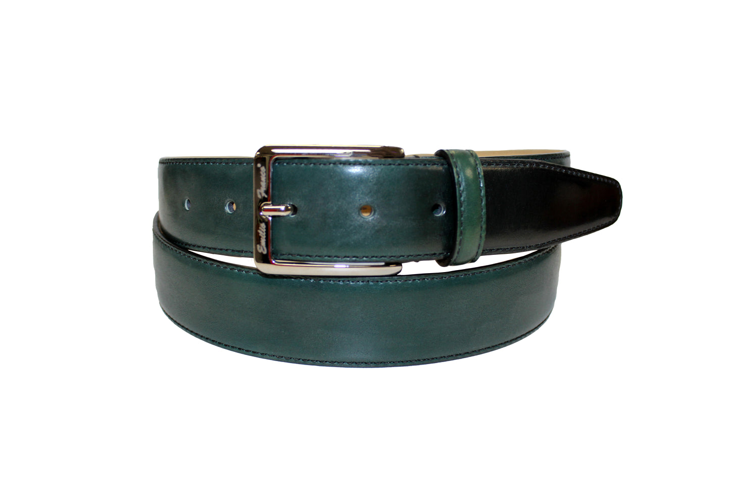 An Emilio Franco Calf Belt, featuring a shiny brown leather design with a silver buckle, stylishly coiled in a circle.