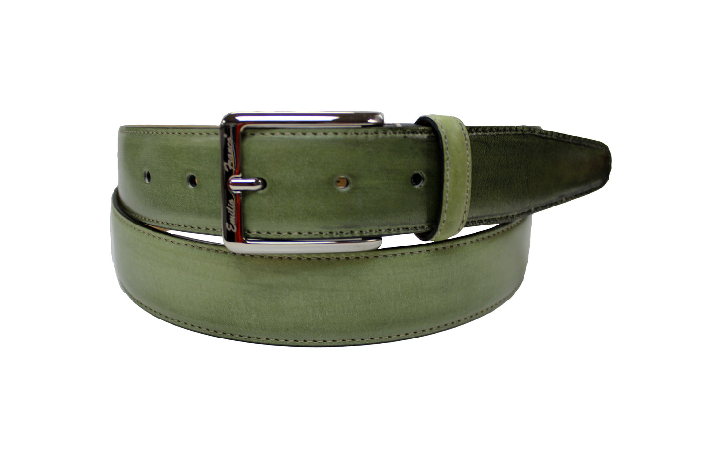 An Emilio Franco Calf Belt, featuring a shiny brown leather design with a silver buckle, stylishly coiled in a circle.