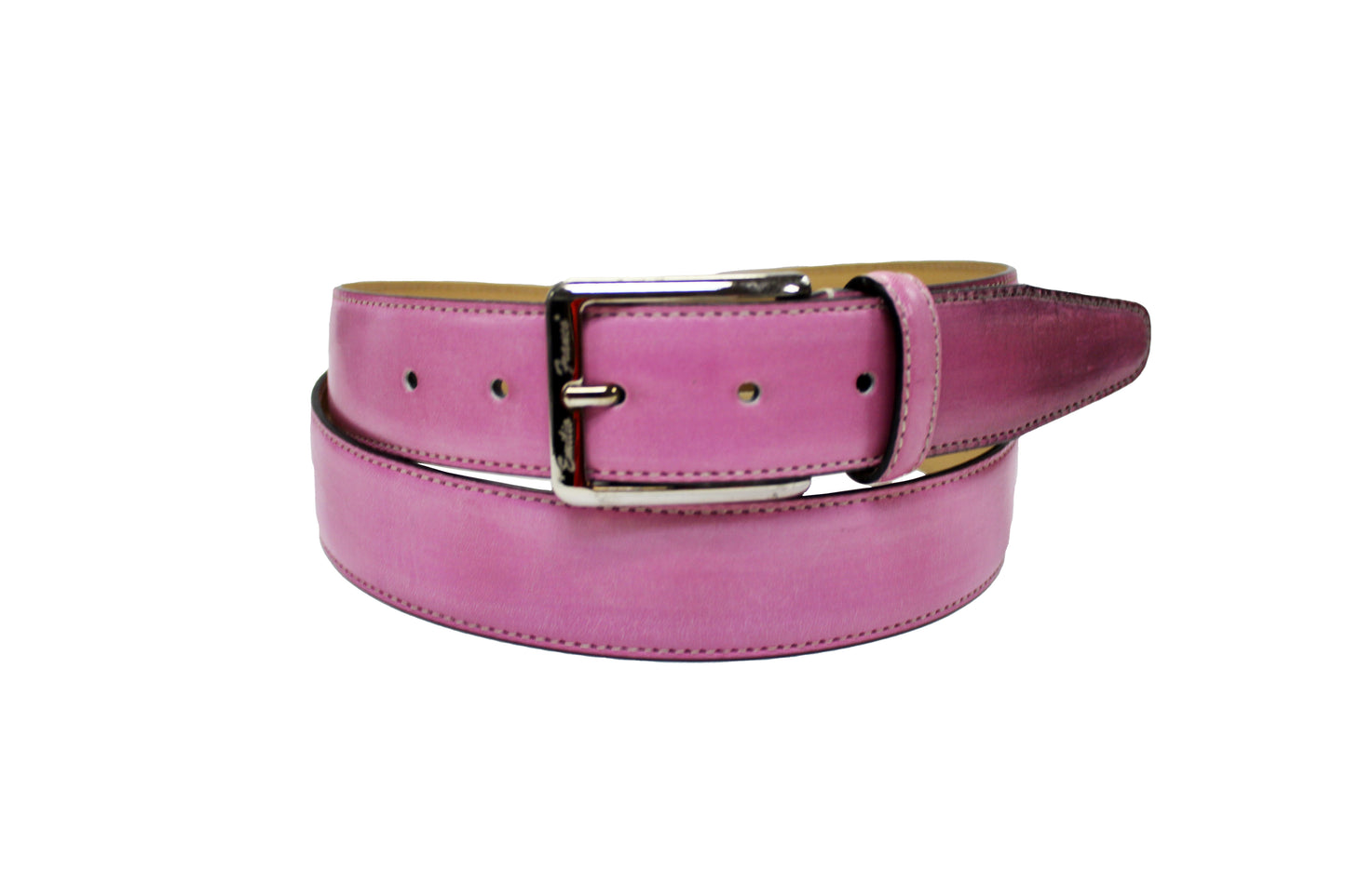 An Emilio Franco Calf Belt, featuring a shiny brown leather design with a silver buckle, stylishly coiled in a circle.