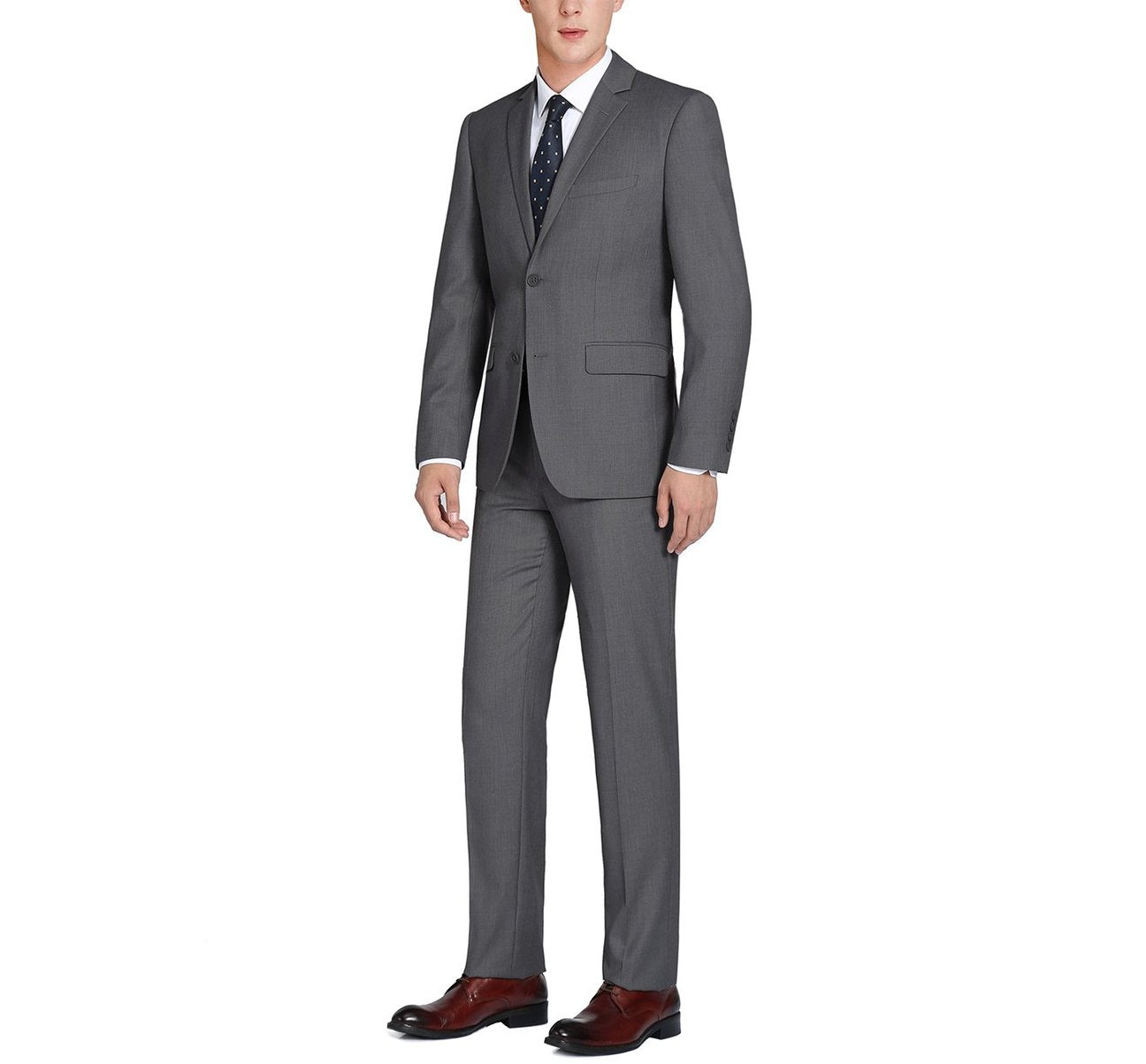 The Alessandro Vitello by Renoir 2-Piece Classic Fit Single Breasted 2 Button Suit in gray is perfectly showcased against a white background, making it ideal for office wear.