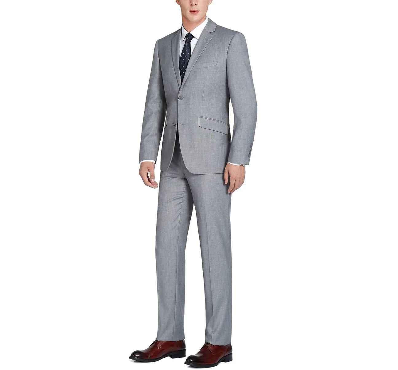 A slim fit men's gray two-piece suit from the Renoir brand, featuring a single-breasted blazer with two buttons and matching trousers, known as the Alessandro Vitello by Renoir 2-Piece Suit 202-2.