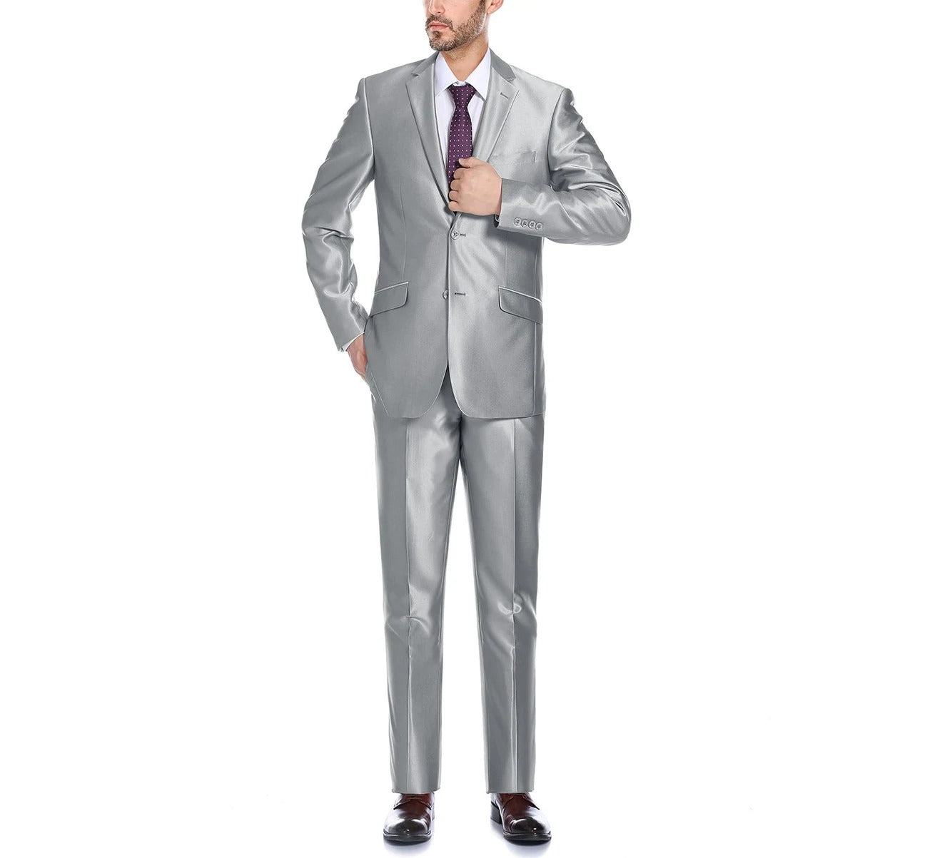 The Renoir Alessandro Vitello by Renoir Sharkskin Classic Fit Italian Styled Two Piece Suit 207-2 in a metallic silver shade, including a two-button notch lapel blazer and matching trousers, is elegantly showcased against a white background—ideal for special occasions.