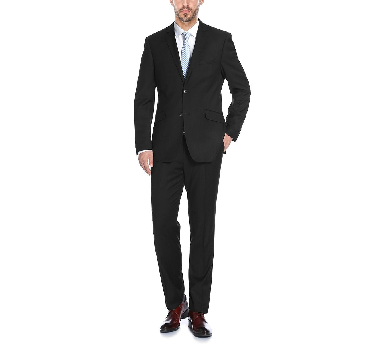 The Alessandro Vitello by Renoir Slim Fit Solid Notch Lapel 2-Piece Suit 2110-1, featuring a sophisticated dark single-breasted jacket with notch lapels and two buttons, is paired with matching trousers and displayed flat against a white background. This Renoir ensemble is perfect for office wear, exuding both sophistication and style.