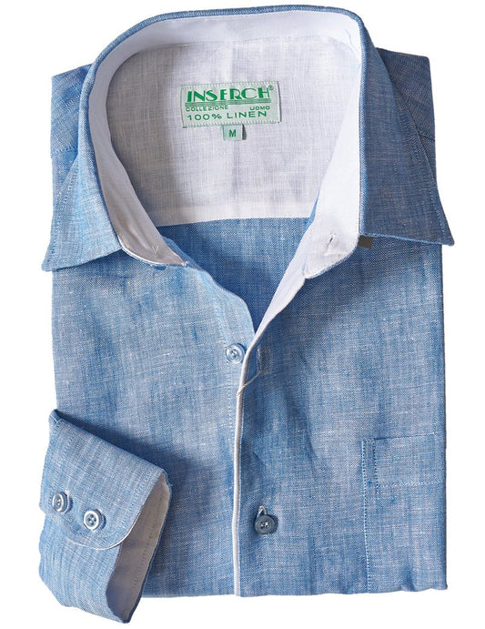 A light blue linen dress shirt featuring a button-down collar and white cuffs, neatly folded. The collar label reads "Inserch Premium Linen Yarn-Dye Solid Long Sleeve Shirt 24116-14 Lt. Blue.