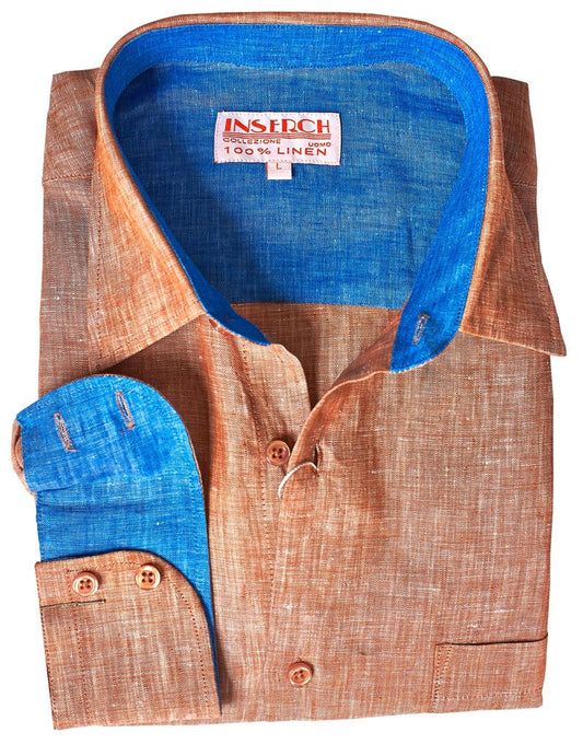 A folded Inserch Premium Linen Yarn-Dye Solid Long Sleeve Shirt in copper, featuring contrast trimming and a visible label inside the collar.