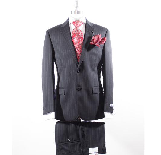 A mannequin displays the Montefino Wool Black Pinstripe 43743 suit by Unique Design Menswear, crafted from luxurious Super 120's wool and elegantly paired with a red patterned tie and pocket square.