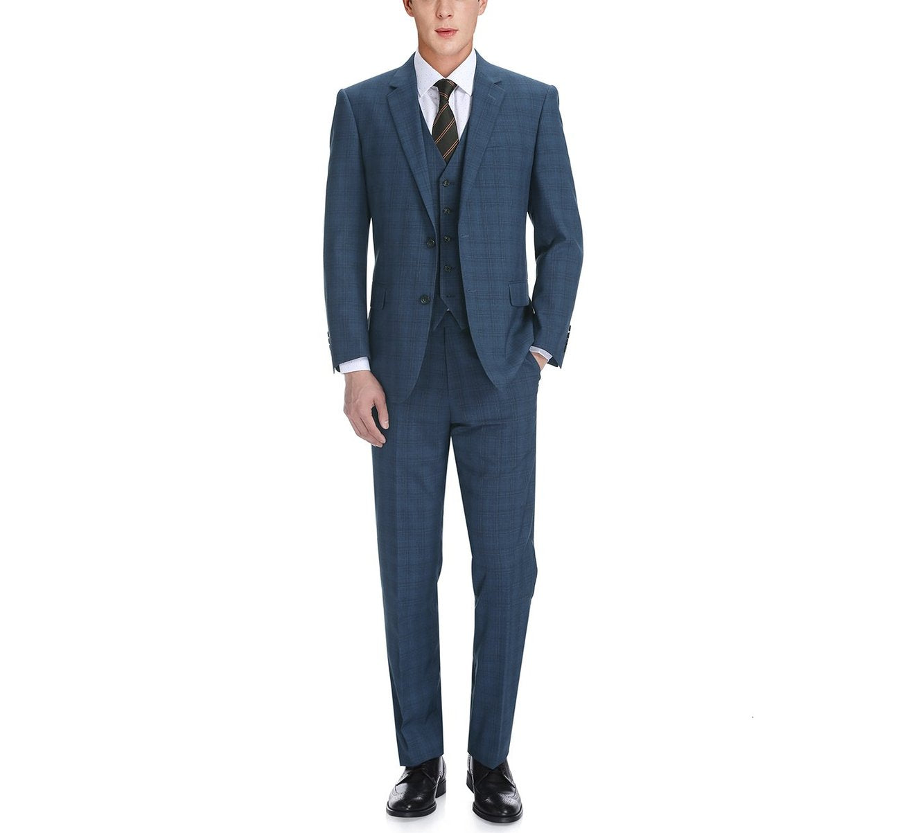 Introducing the Alessandro Vitello by Renoir: a classic fit, single-breasted, 3-piece suit in a stylish windowpane pattern (278-2). This elegant ensemble includes a formal blazer, waistcoat, and trousers, all set against a crisp white background.