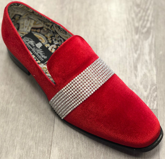 After Midnight Formal Shoe 6715 Red by AFTER MIDNIGHT, a luxurious red velvet loafer embellished with a silver rhinestone band across the top, showcased on a light wooden floor.