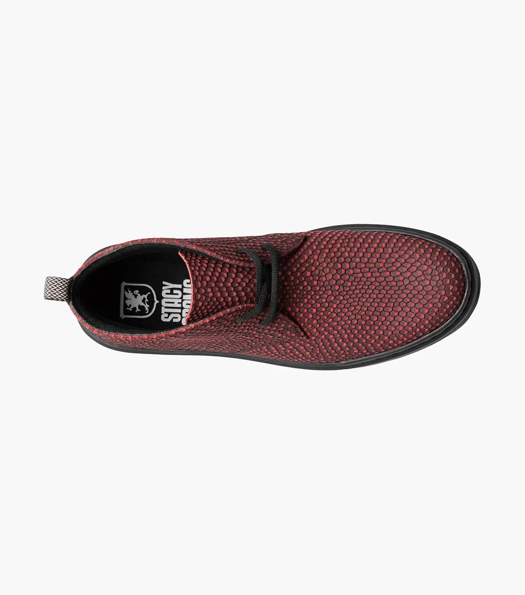 Stacy Adams - CAI Plain Toe Chukka Boot in red, featuring black laces and a wedge sole, with a white and black pull tab at the back.