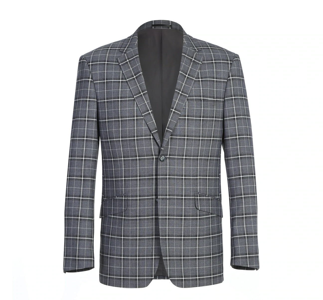 The Alessandro Vitello by Renoir Grey Classic Fit Single Breasted Check Suit 293-14 features a sophisticated gray plaid blazer with a sleek notch lapel, two-button closure, and two front pockets, set against a plain white background.