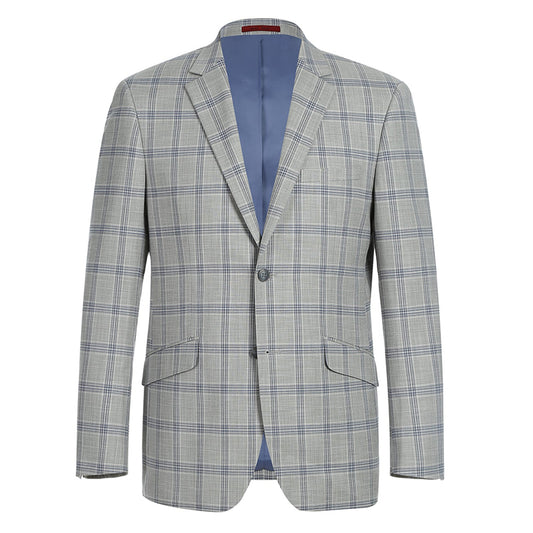 The Renoir Alessandro Vitello Light Gray Slim Fit Suit Jacket, designed with notch lapels and a check pattern, features two buttons, front pockets, and a light blue lining. This single-breasted jacket is made from a durable polyester blend for a sleek and modern appeal.