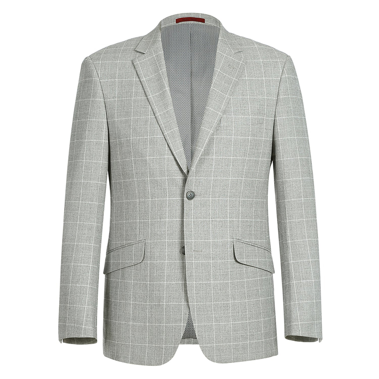 Introducing the Alessandro Vitello by Renoir Light Gray Slim Fit Check Blazer 294-10, showcasing a single-breasted design with two-button closure and notched lapels in a refined plaid pattern.