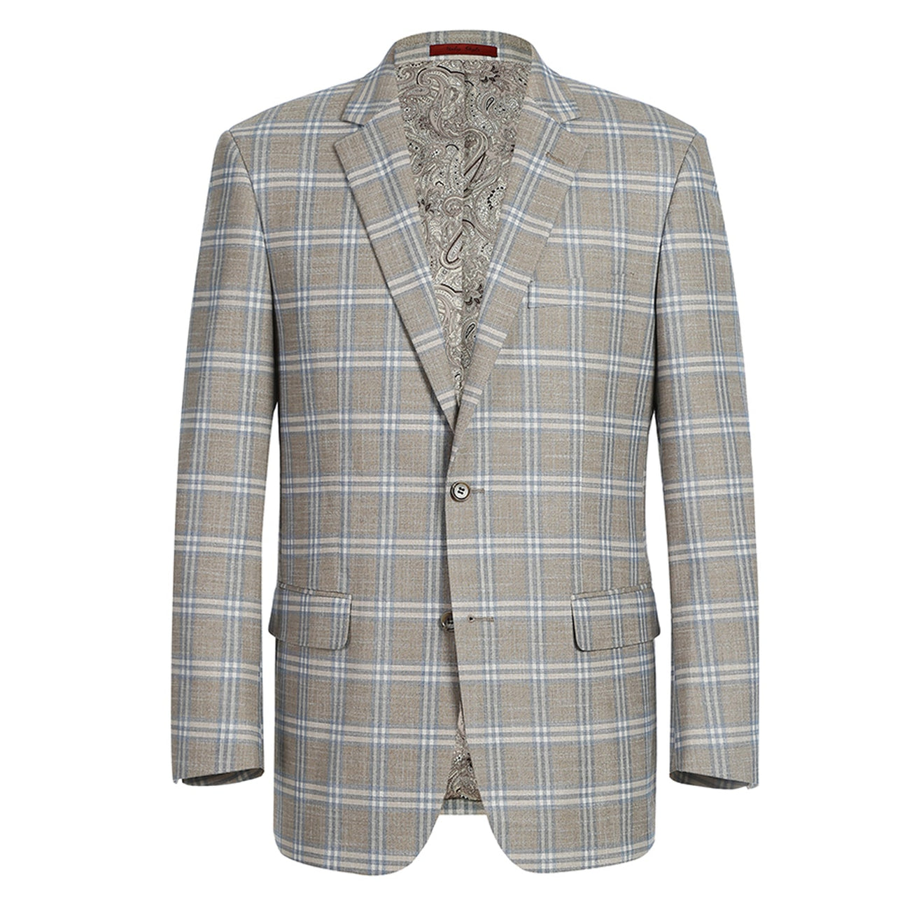 Light gray classic fit jacket by Renoir, featuring blue and white checks, a paisley lining, two buttons, and a stylish notch lapel.