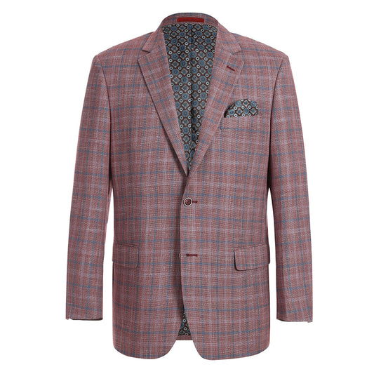 Introducing the Alessandro Vitello by Renoir Burgundy Classic Fit Check Blazer, featuring a notch lapel design. This men's jacket comes in a striking burgundy plaid, highlighted by its two-button closure and patterned inner lining. It also includes a matching pocket square for added style.