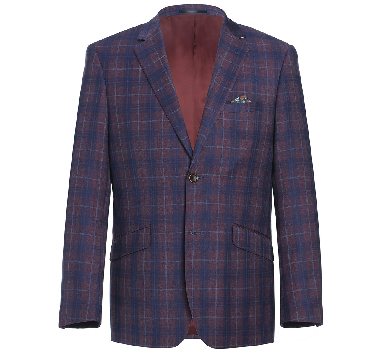 The Alessandro Vitello by Renoir Purple 2 Buttons Slim Fit Premium Plaid Sport Coat 294-3 is a sleek menswear piece that blends classic style with modern flair. It features a stylish blue and burgundy plaid check pattern, two-button closure, two front pockets, and an elegant pocket square.