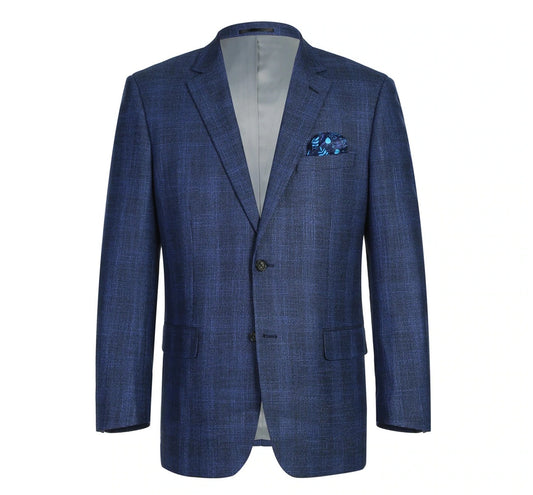 The Alessandro Vitello by Renoir Navy Classic Fit Single Breasted Two Button Big-Plaid Blazer 294-5 features a textured design with two button closure, light lining, and a blue patterned pocket square in the breast pocket.