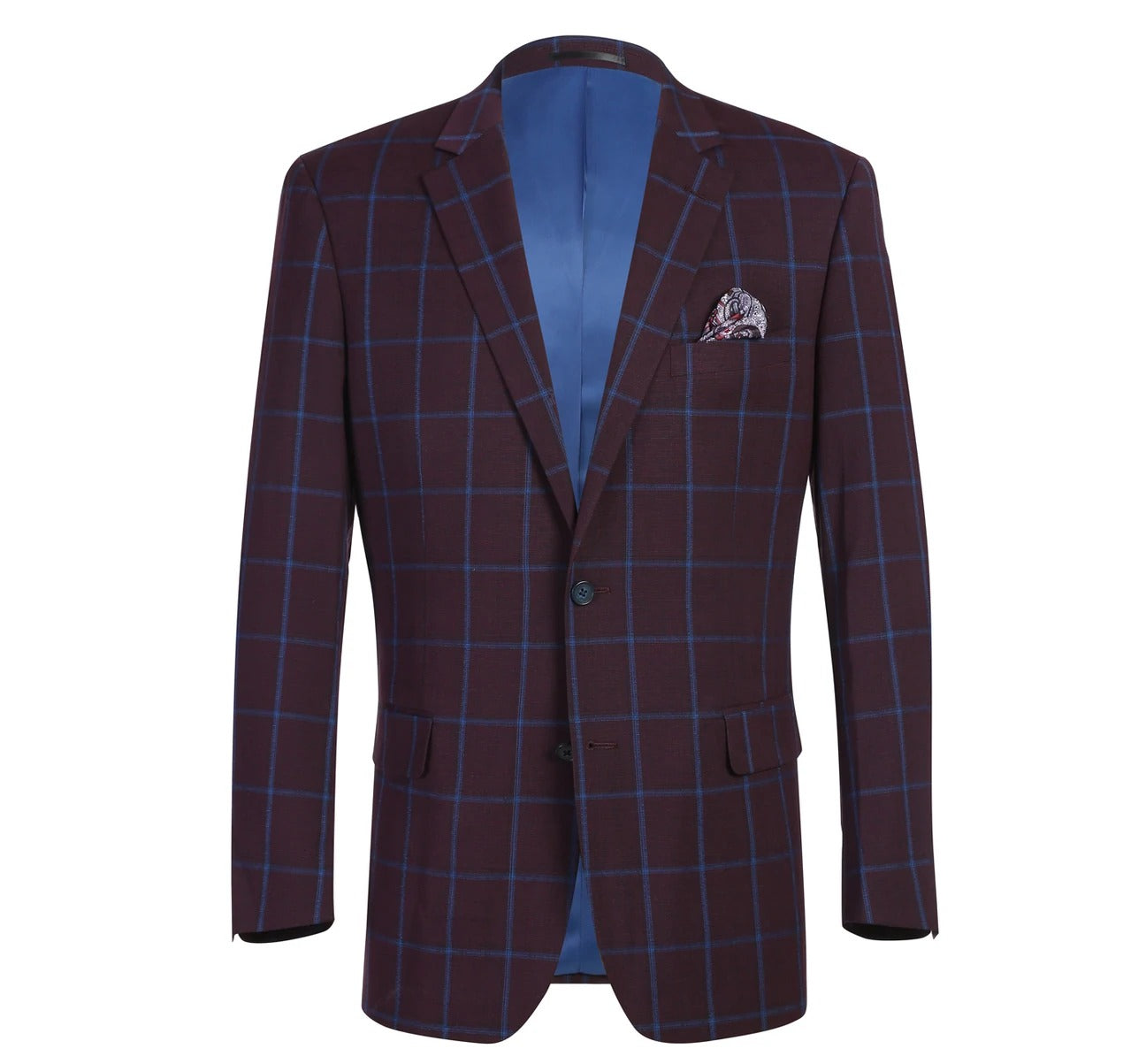 Introducing the Alessandro Vitello by Renoir Sport Coat, a men's slim fit piece in burgundy with an elegant blue lurex checked design and light blue lining. This sophisticated sport coat is equipped with classic notch lapels, a stylish pocket square, and two front buttons.