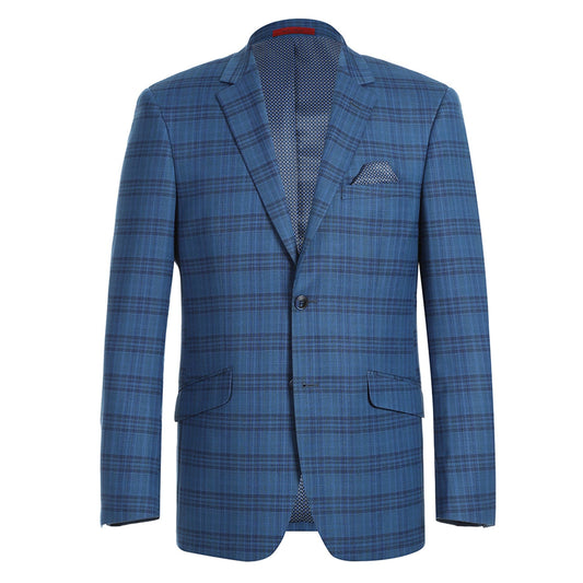 The Alessandro Vitello by Renoir Blue Slim Fit Check Blazer 294-9 showcases a refined style with its notched lapel and two-button closure. It features a sleek slim fit, complemented by two front flap pockets and a pocket square elegantly tucked into the breast pocket, delivering an air of sophistication.