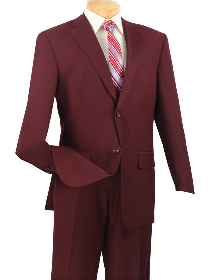 Displayed on the mannequin is the Vinci Regular Fit 2 Piece 2 Button Textured Weave Suit in burgundy, from Vinci Suits, featuring flat front pants. It's styled with a white shirt and a red, white, and blue striped tie.