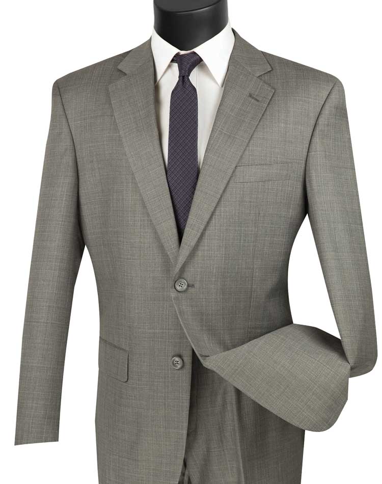 The Vinci Regular Fit 2 Piece 2 Button Textured Weave Suit in gray from Vinci Suits drapes elegantly over a white shirt and dark tie on a mannequin.