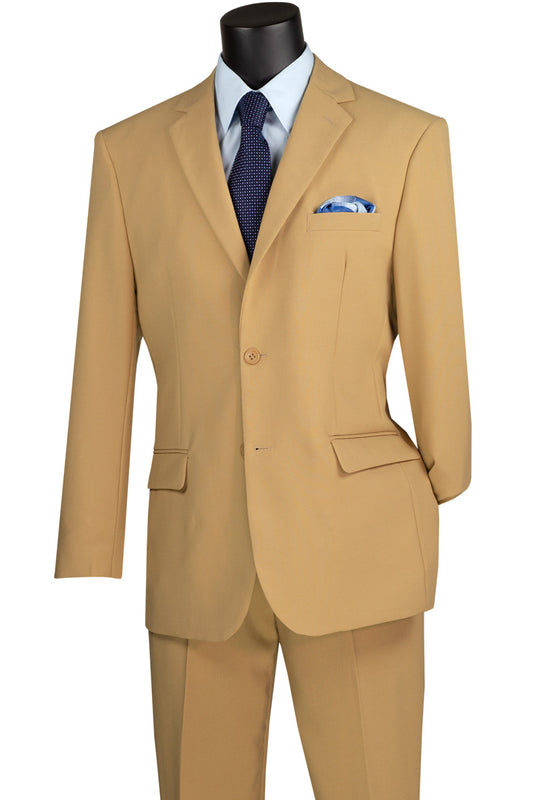 A Vinci Suits mannequin is dressed in a Vinci Single Breasted Poplin Dacron Suit (Khaki) 2PP, featuring flat front pants, complemented by a blue shirt, navy tie, and a blue pocket square.