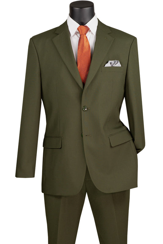 An olive Vinci Single Breasted Poplin Dacron Suit by Vinci Suits, featuring side vents, is elegantly displayed on a mannequin along with a white shirt, orange tie, and pocket square.