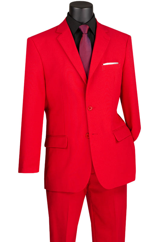 Displayed on a mannequin, the Vinci Single Breasted Poplin Dacron Suit (Red) 2PP from Vinci Suits features flat front pants and a classic 2-button, single-breasted jacket, perfectly paired with a black shirt, maroon tie, and white pocket square.