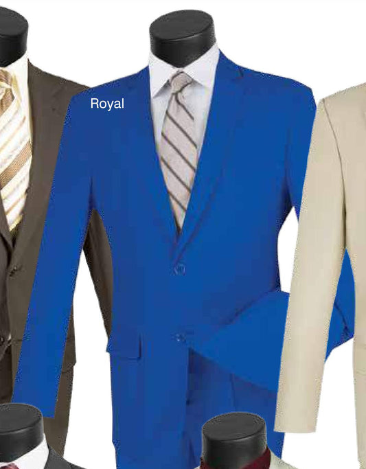 Three mannequins display suits: a royal blue Vinci Single Breasted Poplin Dacron Suit featuring a striped tie and flat front pants, a brown suit showcased with a gold-striped tie and a double-button jacket, and a beige suit with side vents.