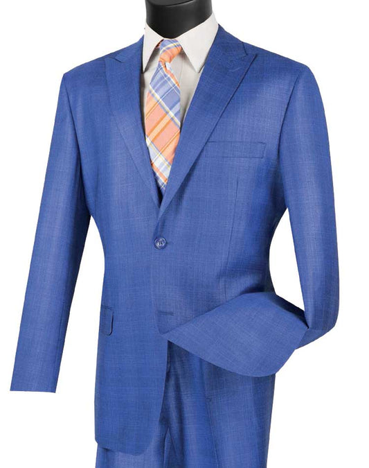 A Vinci Suits mannequin displays the "Vinci Glen Plaid Dress Suit 2 Piece Regular Fit (Blue) 2RW-1," featuring a bright blue single-button blazer, regular fit flat front pants, a white shirt, and a glen plaid tie in hues of blue, orange, and white.