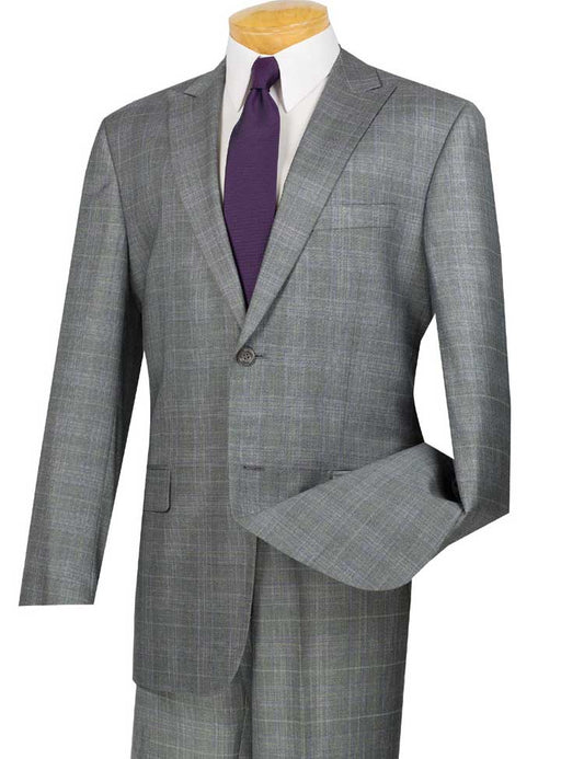 The mannequin displays the Vinci Suits Glen Plaid Dress Suit from their 2 Piece Regular Fit collection in gray (2RW-1), showcasing a single-breasted jacket complemented by flat front pants, alongside a crisp white shirt and a striking purple tie.