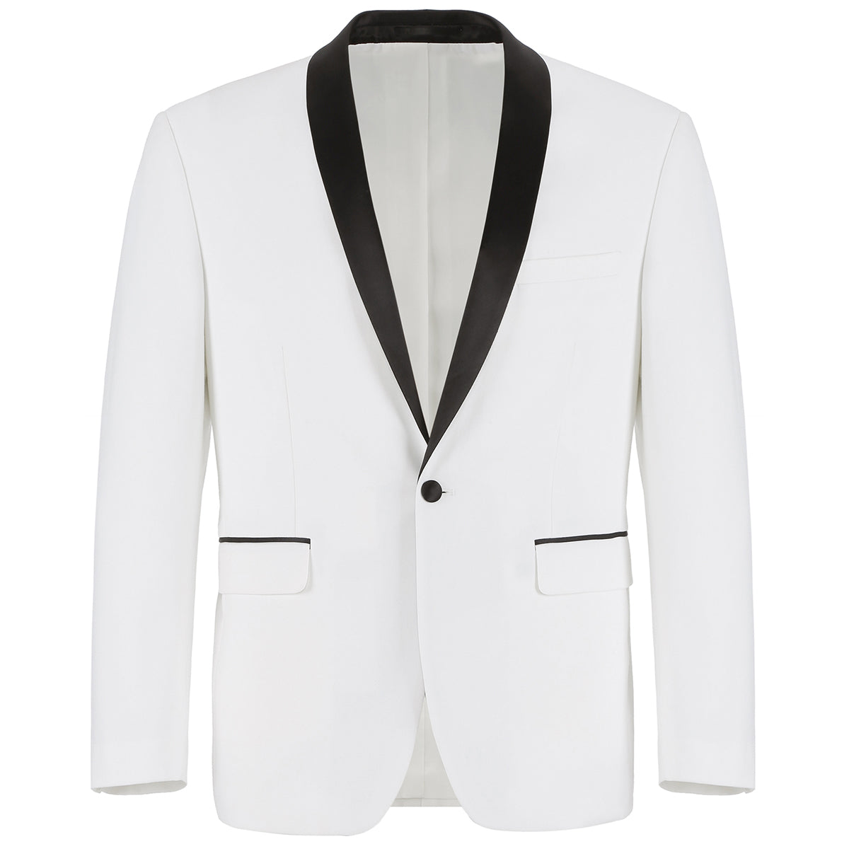 The Alessandro Vitello by Renoir 2-Piece Slim Fit Shawl Lapel Tuxedo Suit 201-16 showcases a white tuxedo jacket with a black lapel and coordinating black pants, all made from a polyester viscose blend, set against a pristine white background.