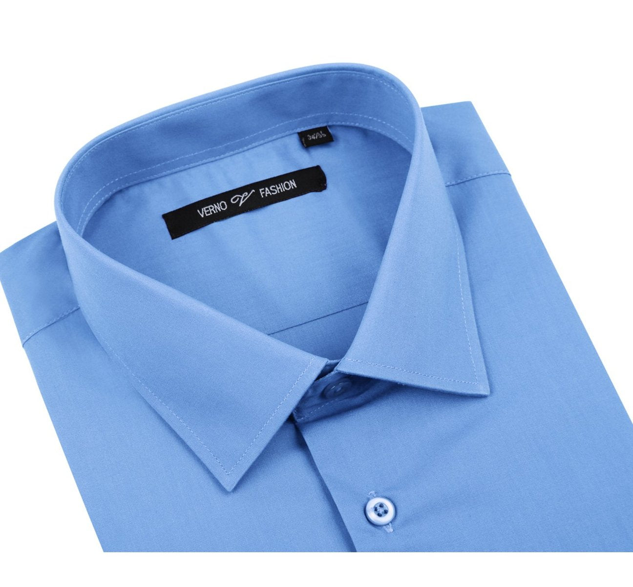 The Renoir VERNO Light Blue Classic/Regular Fit Long Sleeve Spread Collar Dress Shirt TC627 is elegantly displayed, showcasing a close-up inset of its fabric texture.