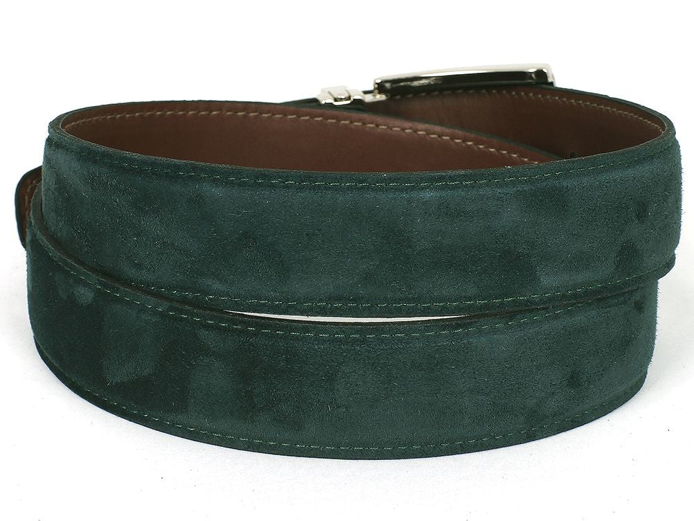 The Paul Parkman Green Suede Belt (B06-GREEN) by Paul Parkman is a meticulously crafted, hand-painted item featuring a silver buckle and engraved logo, providing a bespoke experience.