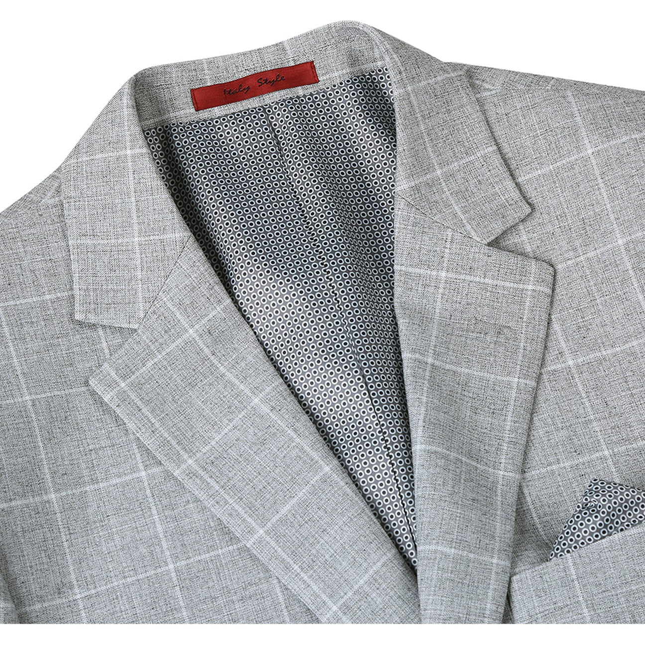 Introducing the Alessandro Vitello by Renoir Light Gray Slim Fit Check Blazer 294-10, showcasing a single-breasted design with two-button closure and notched lapels in a refined plaid pattern.