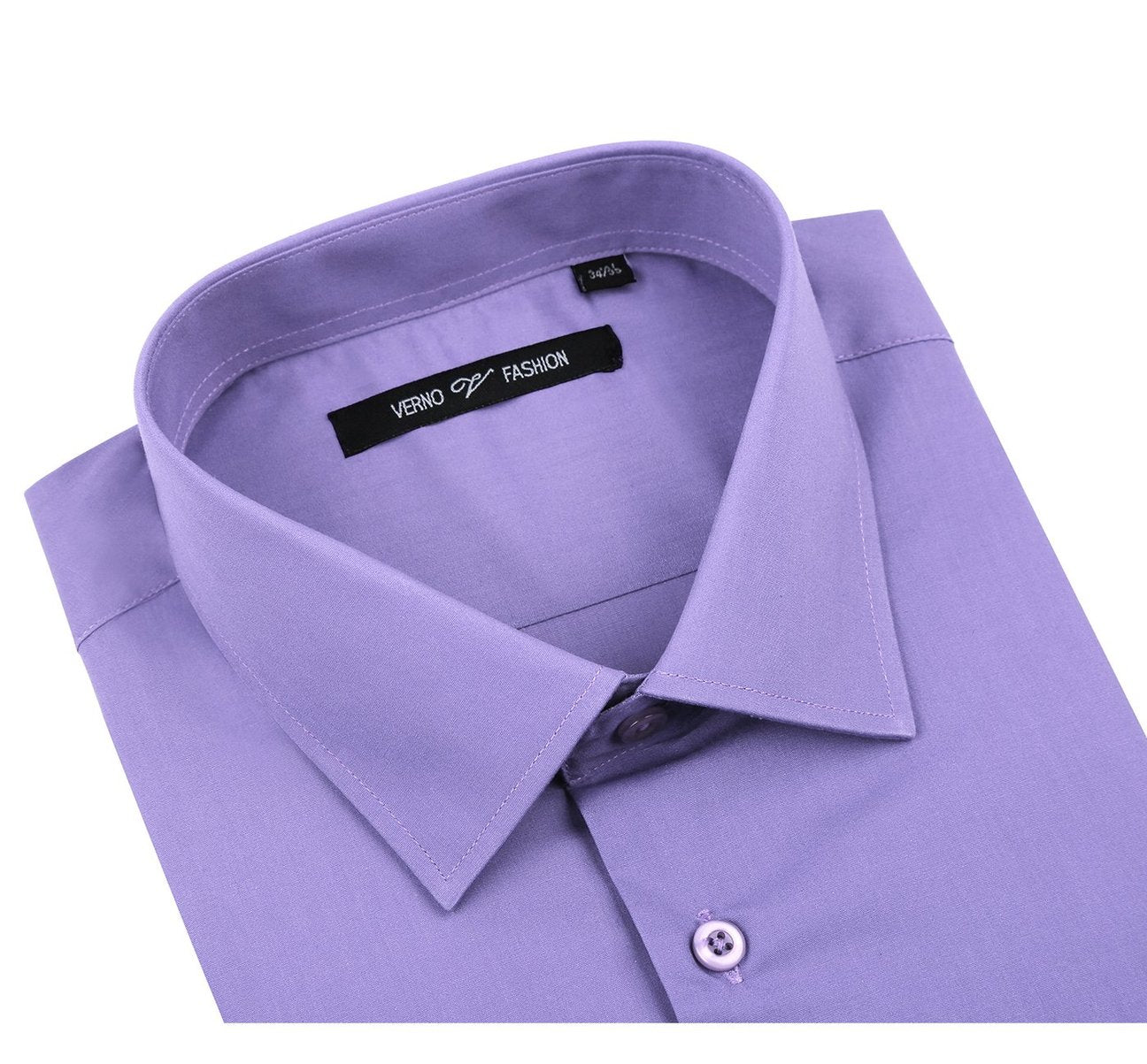 The Renoir VERNO Lavender Dress Shirt, model TC624, offers a Classic/Regular Fit and features long sleeves with a spread collar and button cuffs. A detailed close-up accentuates the fabric texture, making it perfect for formal attire.