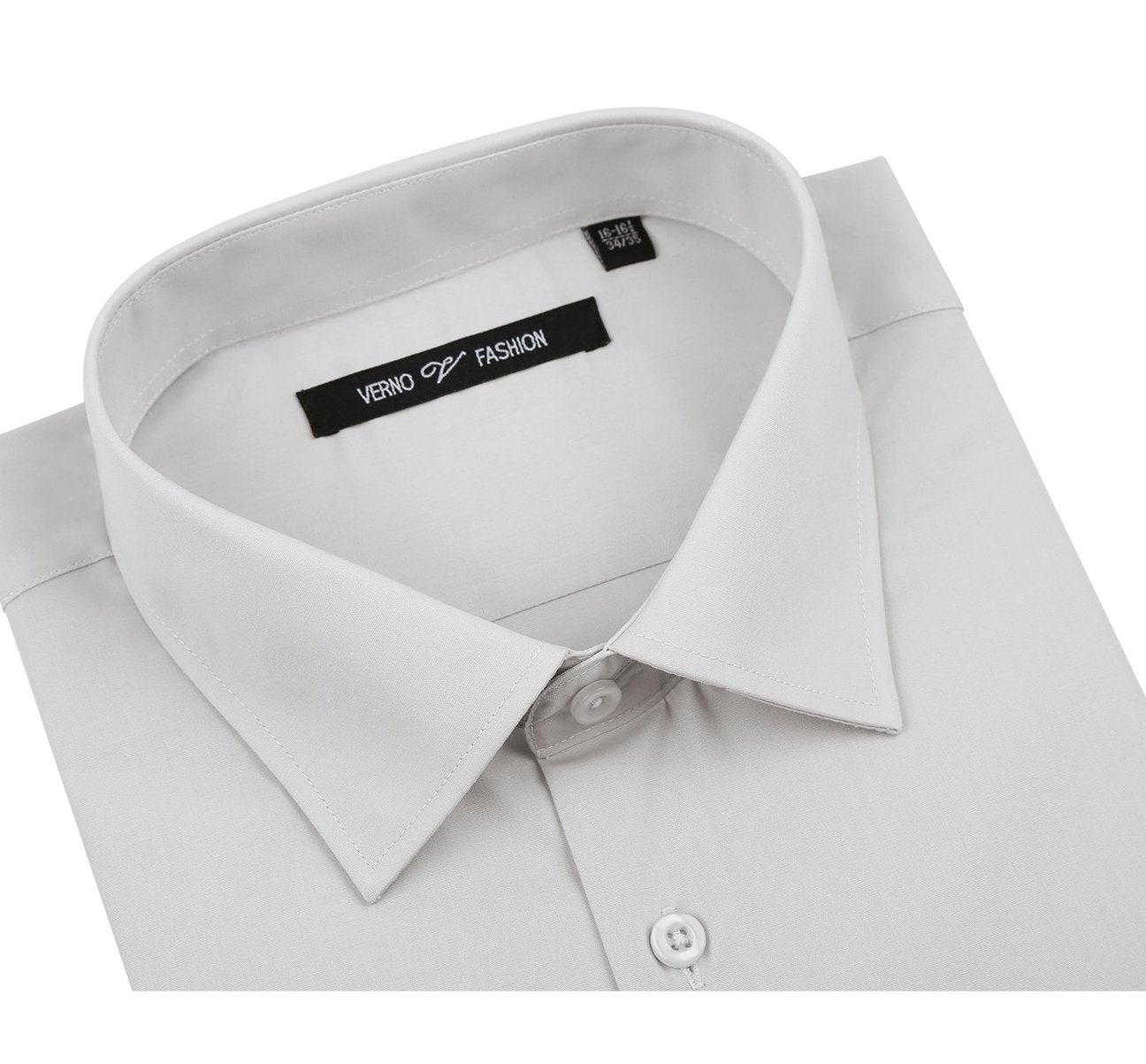 A neatly folded light gray men's dress shirt from Renoir, featuring a close-up of the fabric texture and highlighting its classic fit and refined spread collar. This is the VERNO Grey Classic/Regular Fit Long Sleeve Spread Collar Dress Shirt TC629.