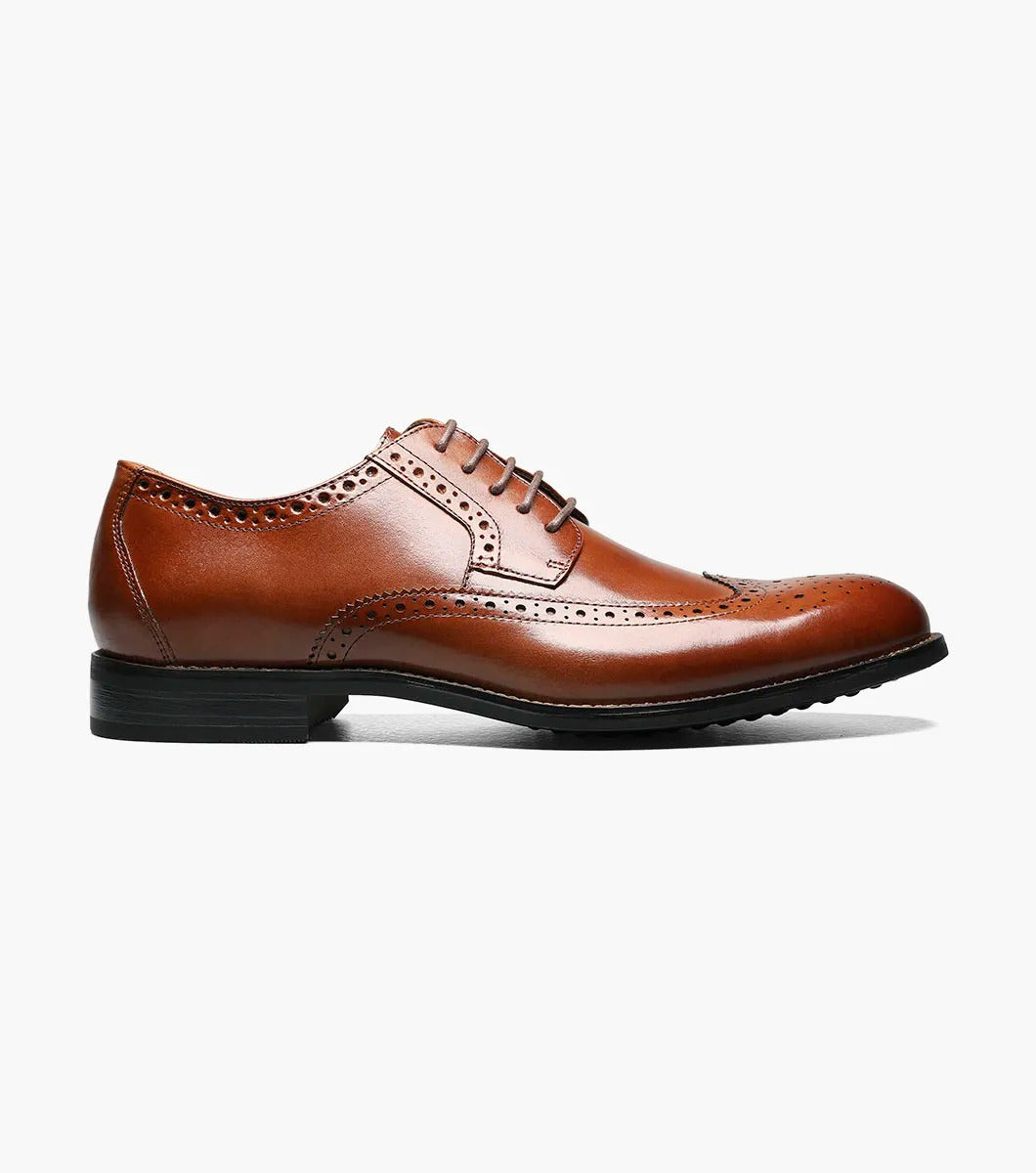 Stacy Adams GARRISON Wingtip Oxford in Cognac, featuring genuine leather with decorative perforations, a black sole, and a cushioned insole for enhanced comfort.