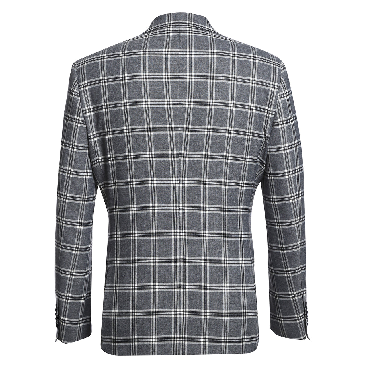 The ENGLISH LAUNDRY Dimgray with White Check Peak Suit 72-60-001 by English Laundry is a slim fit suit jacket in gray plaid, lined with a light blue and white abstract pattern. It features peak lapels, two buttons, and two front pockets.