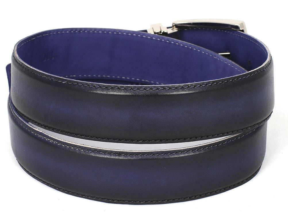 The Paul Parkman Leather Belt Dual Tone Navy & Blue - B01-NVY-BLU features a dark blue dual tone design with hand-painted Italian calfskin leather, visible stitching, and a silver buckle.